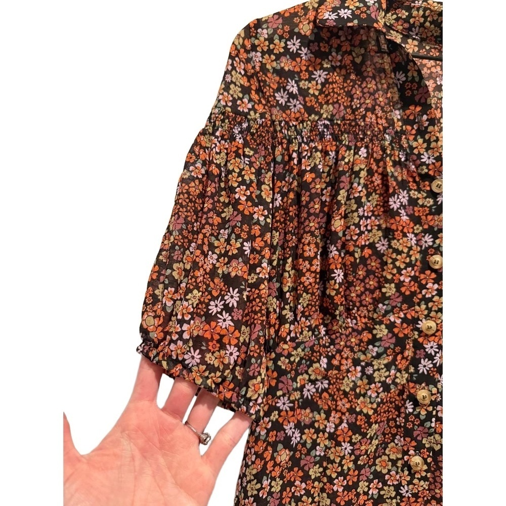 Free People Mini Dress Womens Size M Black Multi Floral Puff Sleeve Bohemian EUC - Picture 2 of 11